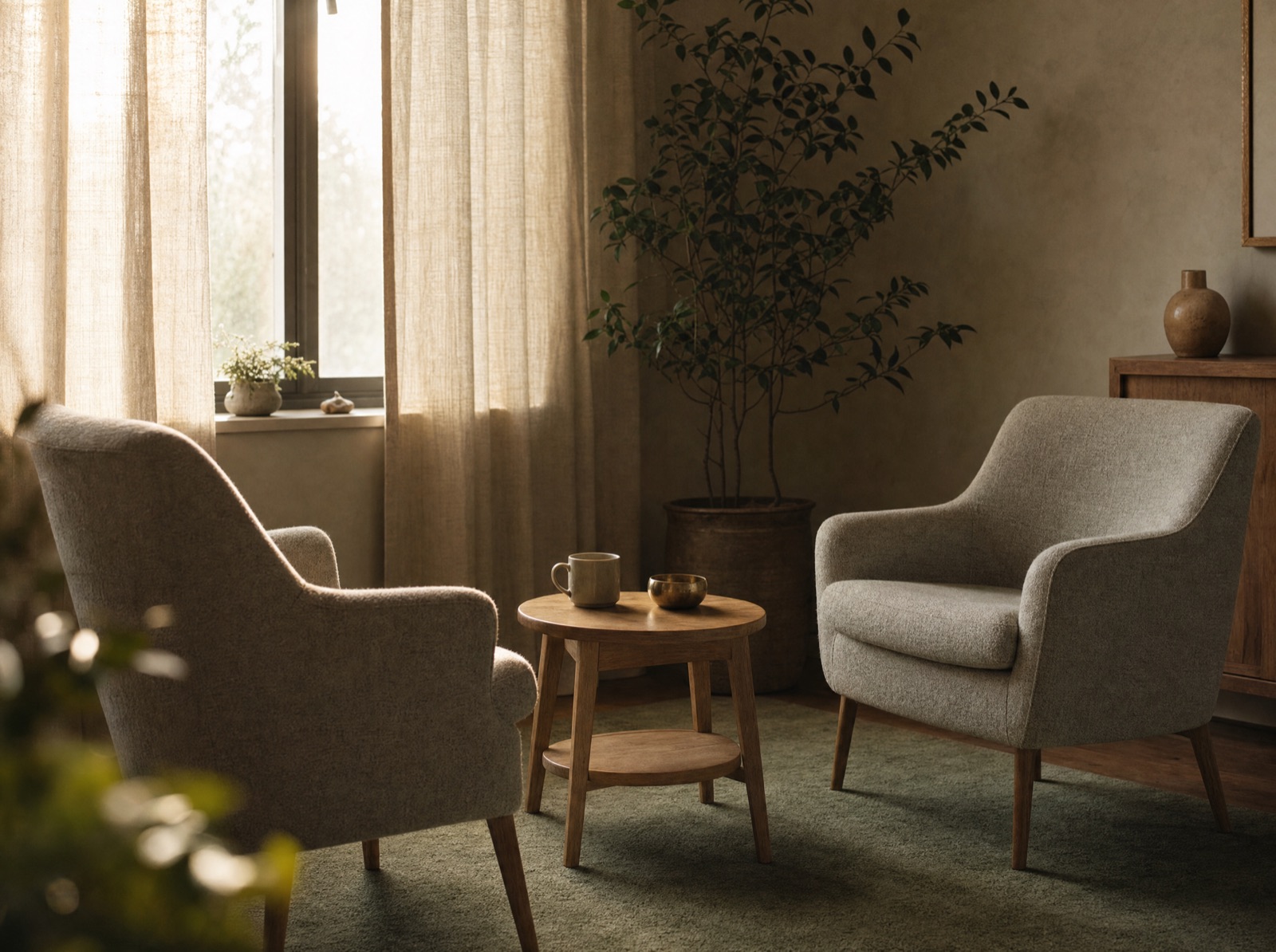 A quiet consulting room with two armchairs and afternoon light